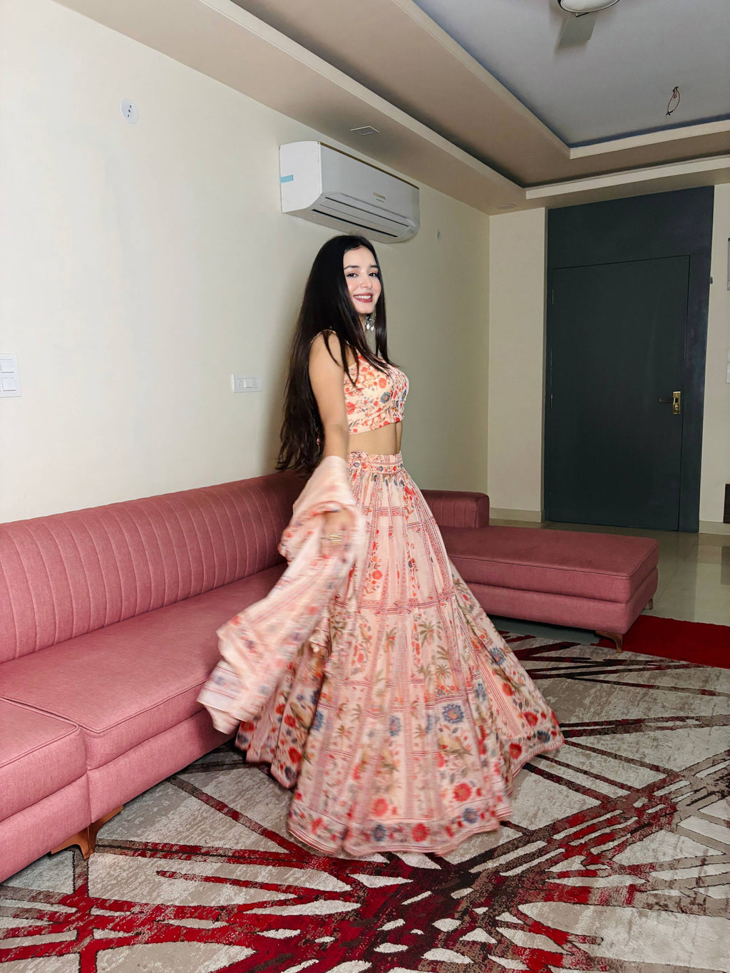 Lorenvalley Fashion Peach Organza with Floral Print Design Lehenga Choli with Dupatta | Grocsy