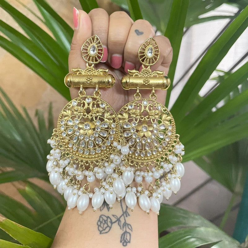 Tehzeeb Creations Traditional Gold-Polished White Kundan Pearl Drop Chandbali Earring For Women/Girls | Grocsy