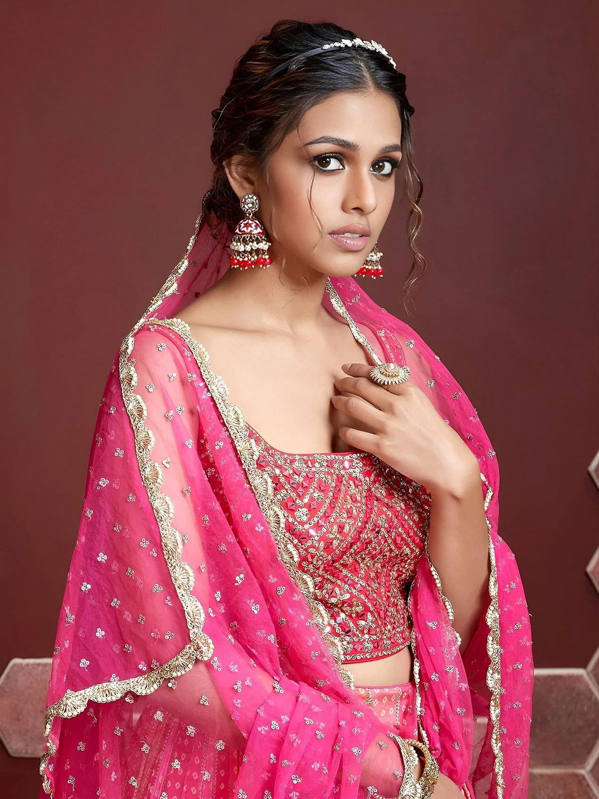 Tulsi Art Admire Pink Chinon Mirror With Embroidery Designer Lehenga Choli | Grocsy