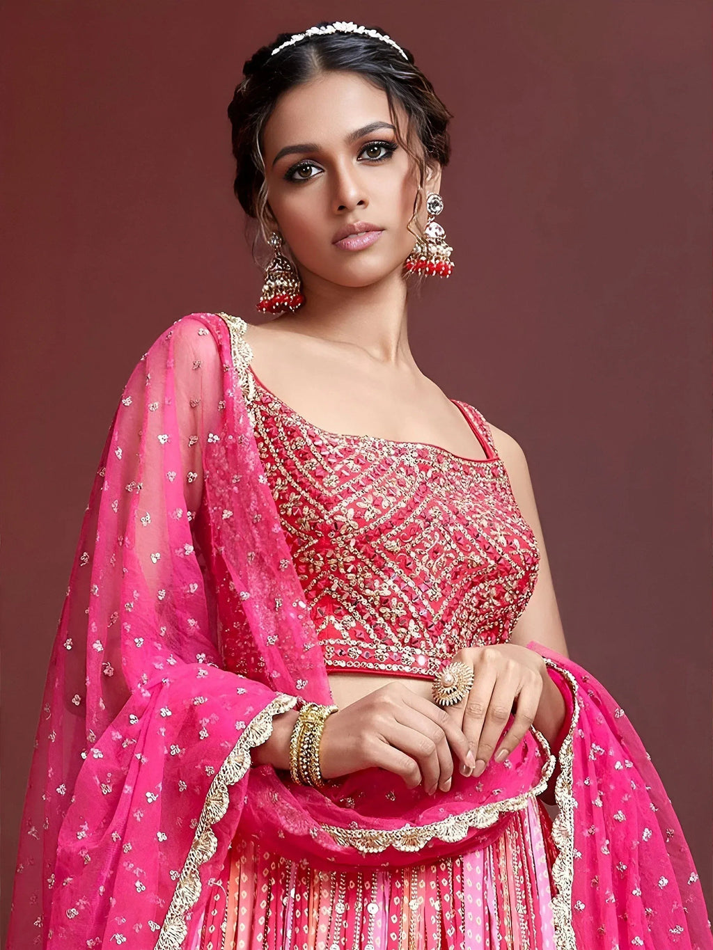 Tulsi Art Admire Pink Chinon Mirror With Embroidery Designer Lehenga Choli | Grocsy