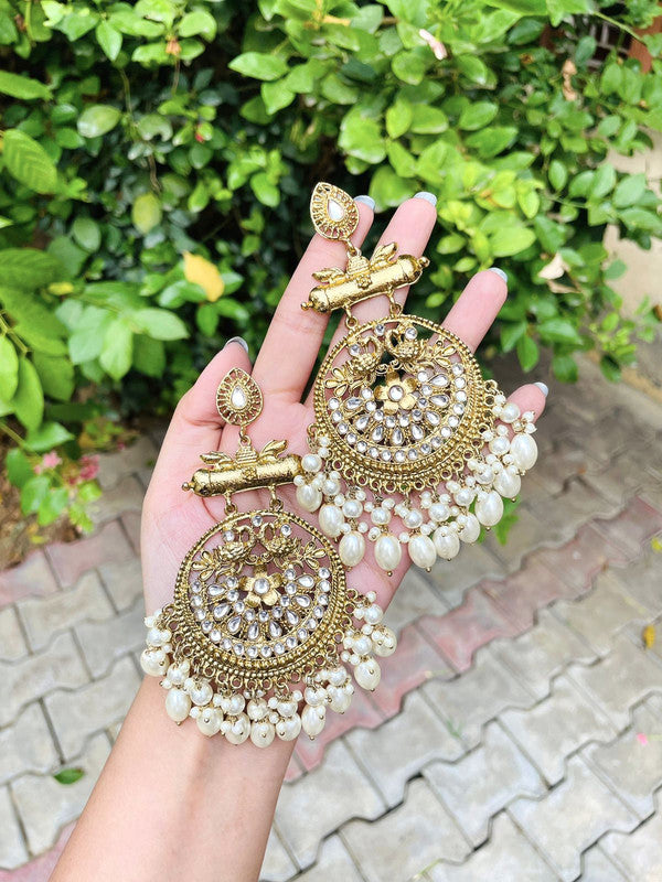 Tehzeeb Creations Traditional Gold-Polished White Kundan Pearl Drop Chandbali Earring For Women/Girls | Grocsy