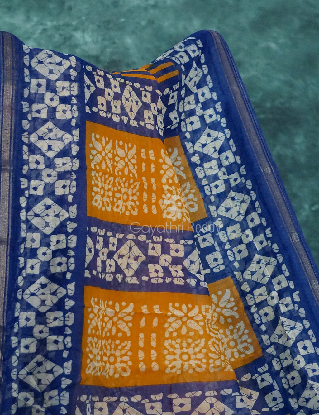 Yellow And Dark Ink Blue Colour Bathik Print Semi Chanderi Saree By Gayathri Reddy Designer Studio | Grocsy