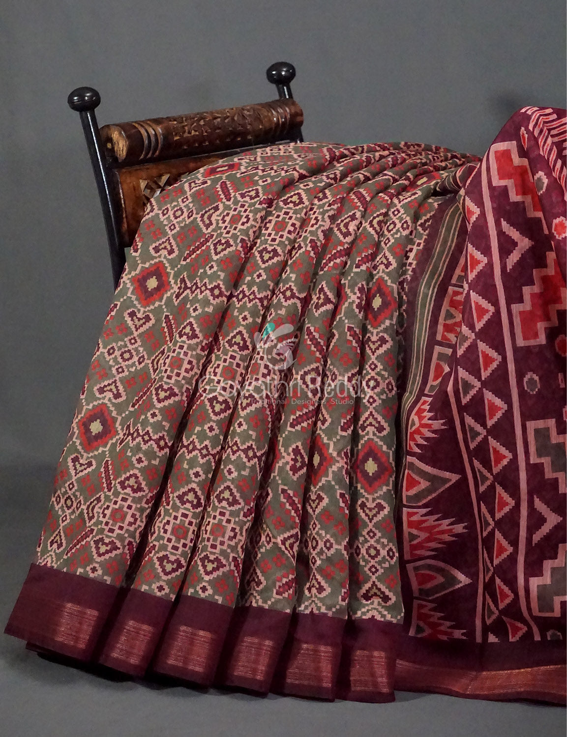 Wine Colour Patola Print Semi Chanderi Saree By Gayathri Reddy Designer Studio | Grocsy