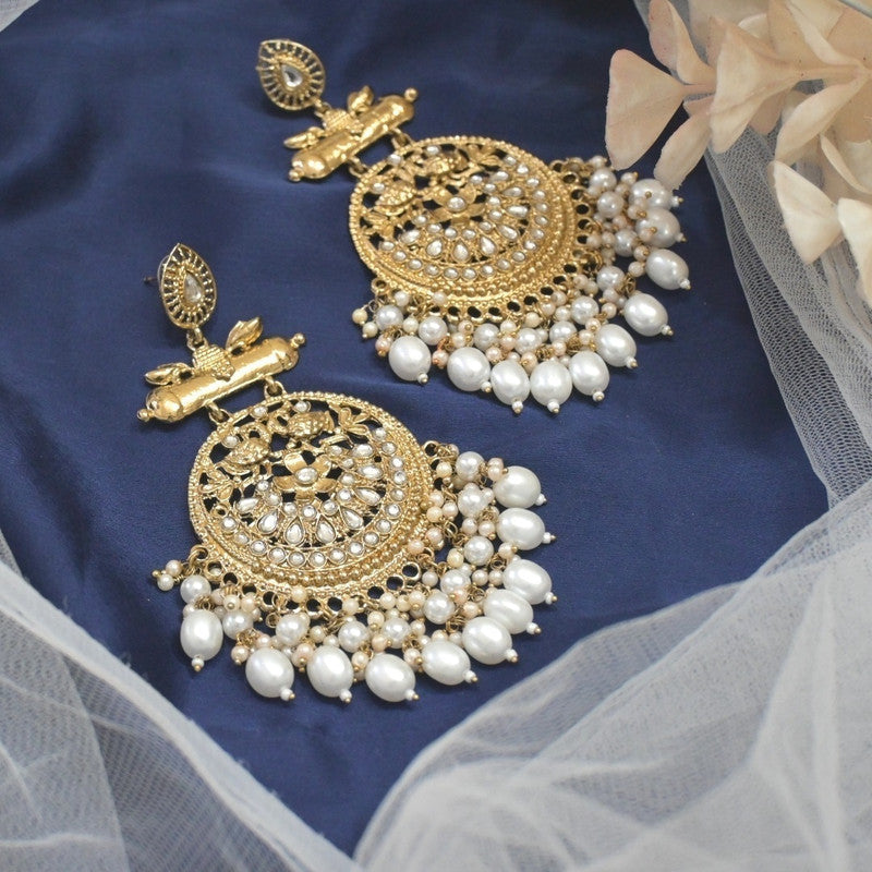 Tehzeeb Creations Traditional Gold-Polished White Kundan Pearl Drop Chandbali Earring For Women/Girls | Grocsy