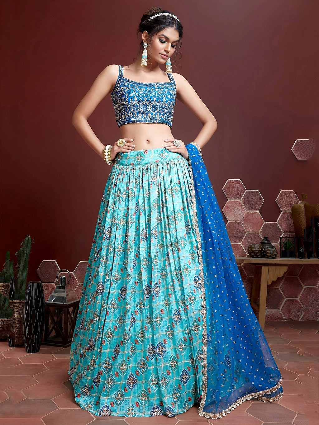 Tulsi Art Lovely Sky Blue Chinon Digital Print Mirror Party Wear Lehenga | Grocsy