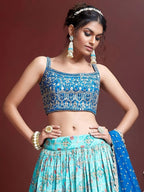 Tulsi Art Lovely Sky Blue Chinon Digital Print Mirror Party Wear Lehenga | Grocsy