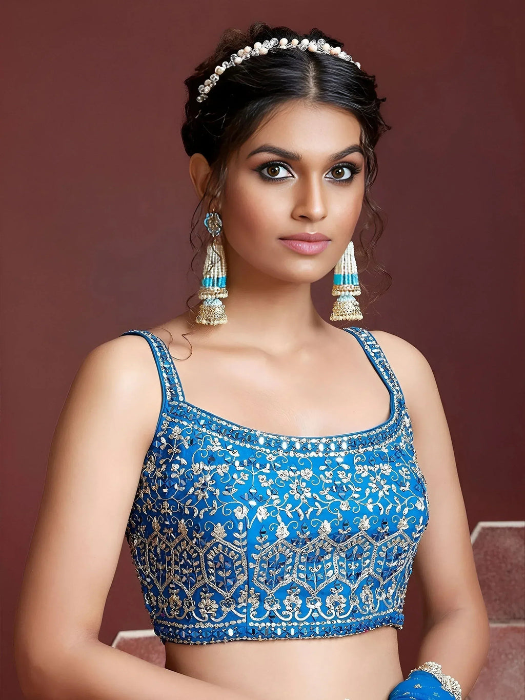 Tulsi Art Lovely Sky Blue Chinon Digital Print Mirror Party Wear Lehenga | Grocsy