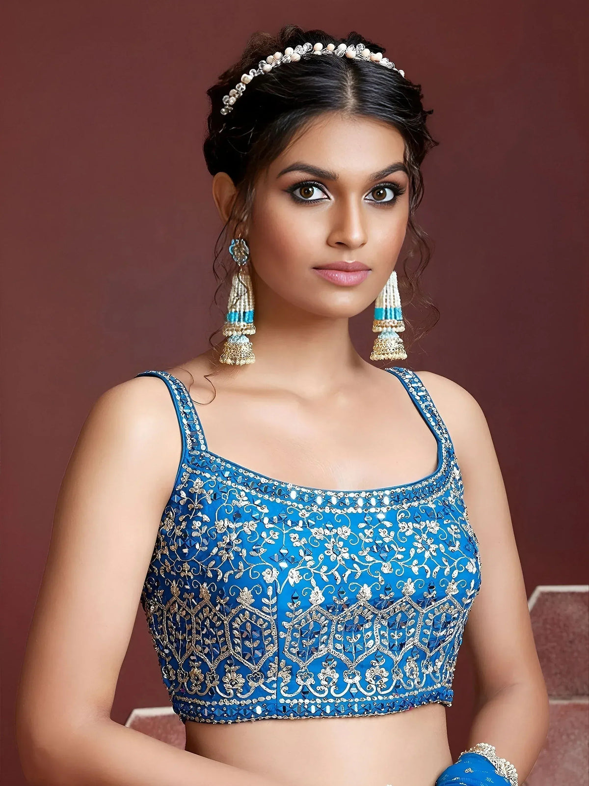 Tulsi Art Lovely Sky Blue Chinon Digital Print Mirror Party Wear Lehenga | Grocsy