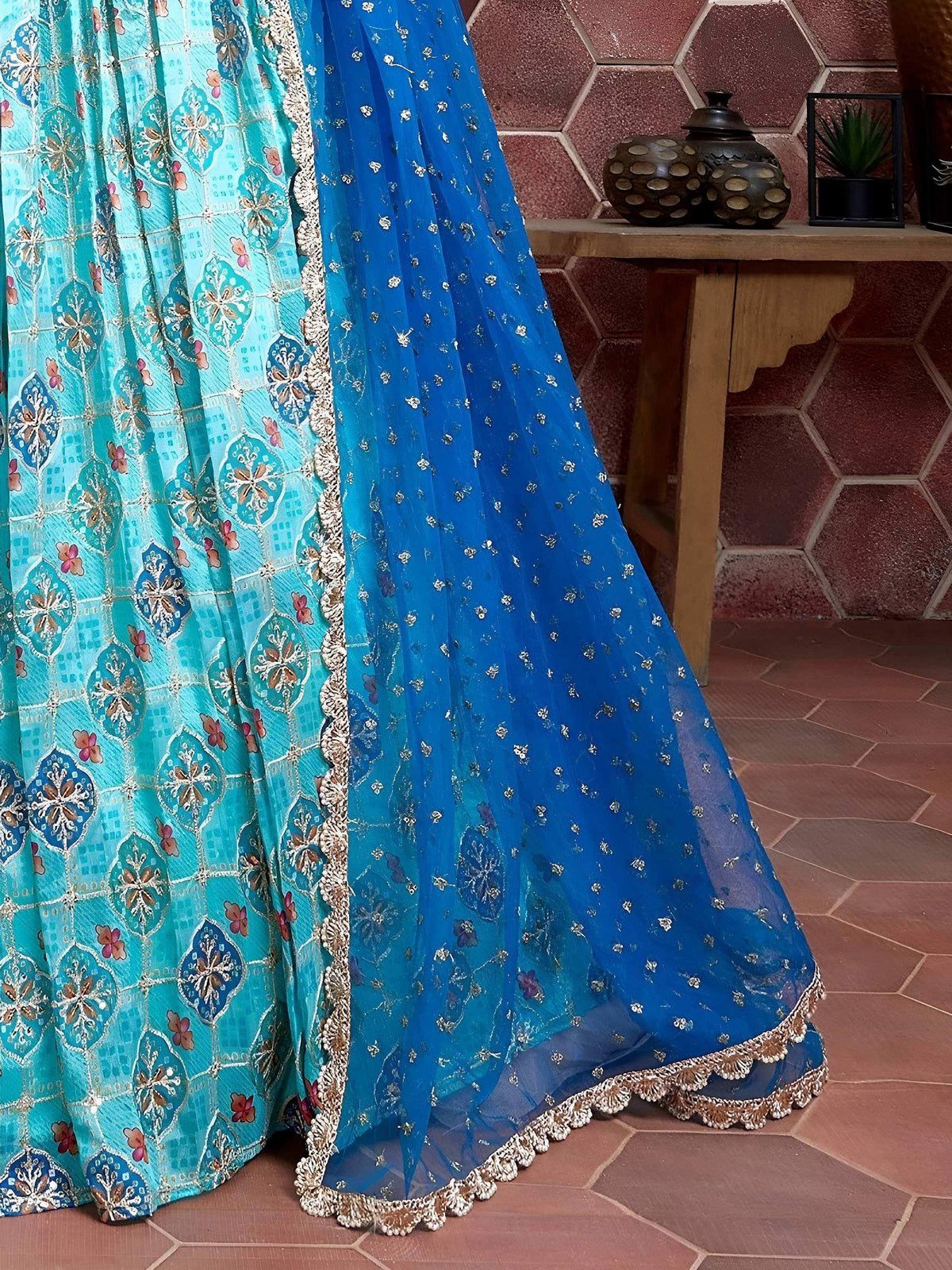 Tulsi Art Lovely Sky Blue Chinon Digital Print Mirror Party Wear Lehenga | Grocsy
