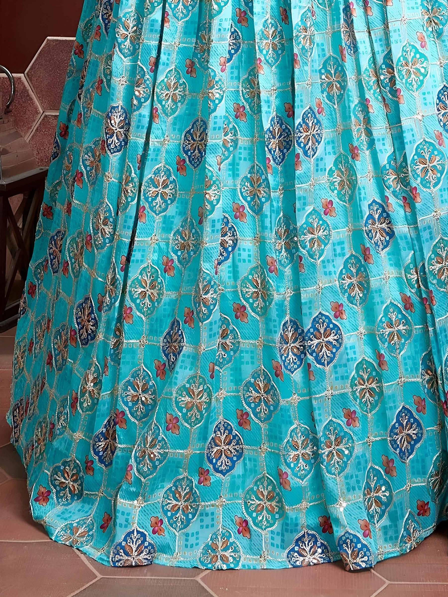 Tulsi Art Lovely Sky Blue Chinon Digital Print Mirror Party Wear Lehenga | Grocsy