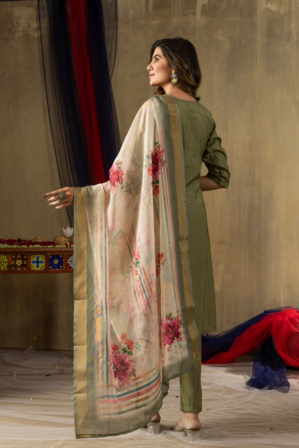 Vedant Vastram Simmer Silk Hand Work & Embroidery Work Stitched Kurta Pant Dupatta Set-Green | Grocsy