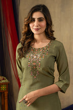Vedant Vastram Simmer Silk Hand Work & Embroidery Work Stitched Kurta Pant Dupatta Set-Green | Grocsy