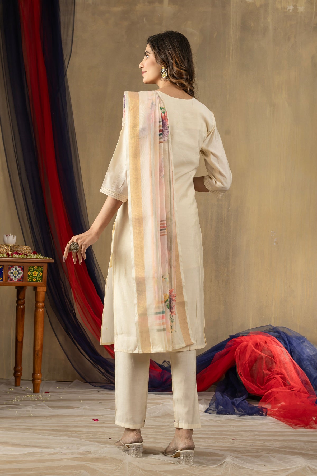 Vedant Vastram Simmer Silk Hand Work & Embroidery Work Stitched Kurta Pant Dupatta Set-Off White | Grocsy