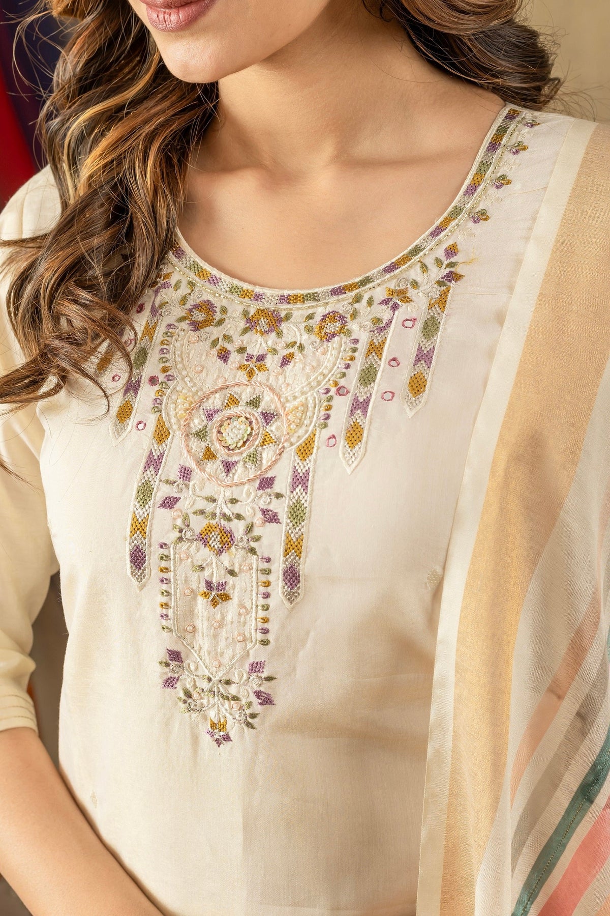 Vedant Vastram Simmer Silk Hand Work & Embroidery Work Stitched Kurta Pant Dupatta Set-Off White | Grocsy