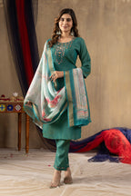 Vedant Vastram Simmer Silk Hand Work & Embroidery Work Stitched Kurta Pant Dupatta Set-Rama Green | Grocsy