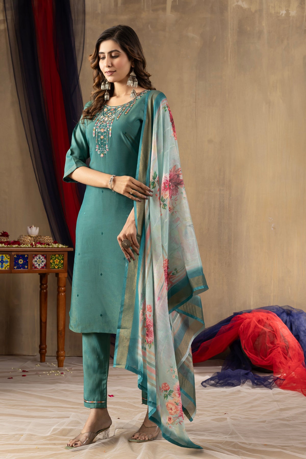 Vedant Vastram Simmer Silk Hand Work & Embroidery Work Stitched Kurta Pant Dupatta Set-Rama Green | Grocsy