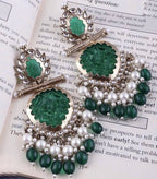 Tehzeeb Creations Latest Gold Polish Kundan & Pearl Studded Designer Drop Long Earrings For Women And Girls Green | Grocsy