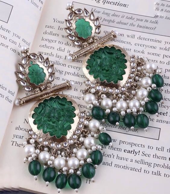 Tehzeeb Creations Latest Gold Polish Kundan & Pearl Studded Designer Drop Long Earrings For Women And Girls Green | Grocsy