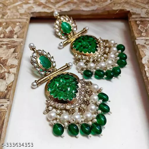Tehzeeb Creations Latest Gold Polish Kundan & Pearl Studded Designer Drop Long Earrings For Women And Girls Green | Grocsy