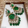 Tehzeeb Creations Latest Gold Polish Kundan & Pearl Studded Designer Drop Long Earrings For Women And Girls Green | Grocsy