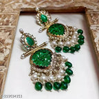 Tehzeeb Creations Latest Gold Polish Kundan & Pearl Studded Designer Drop Long Earrings For Women And Girls Green | Grocsy