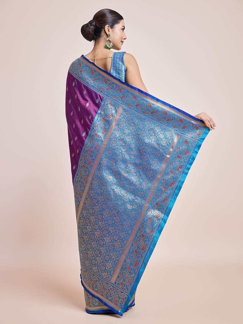 Monjolika Fashion Exquisite Designs With This Purple Banarasi Satin Silk Saree | Grocsy