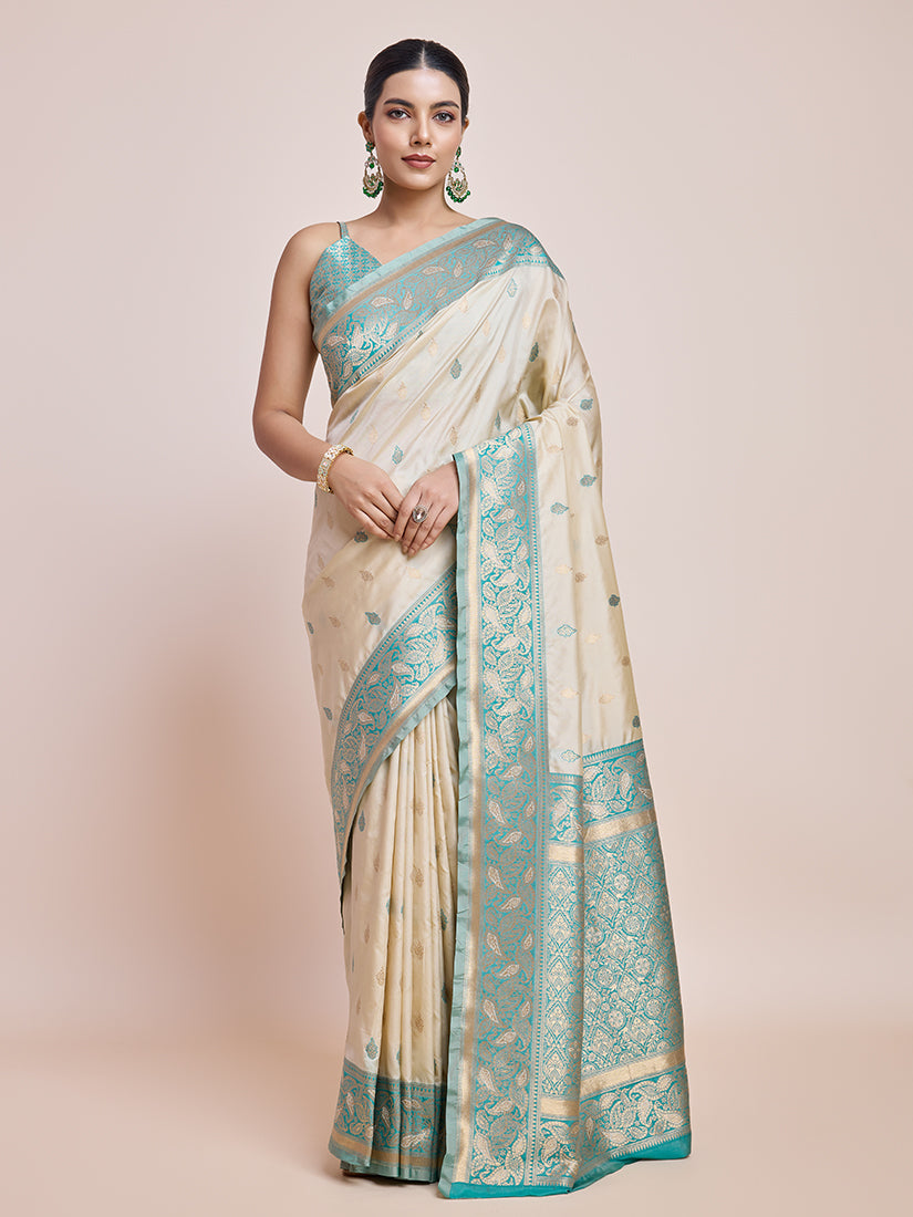 Monjolika Fashion Exquisite Designs With This Cream Banarasi Satin Silk Saree | Grocsy