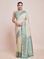 Monjolika Fashion Exquisite Designs With This Cream Banarasi Satin Silk Saree | Grocsy