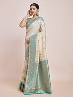 Monjolika Fashion Exquisite Designs With This Cream Banarasi Satin Silk Saree | Grocsy