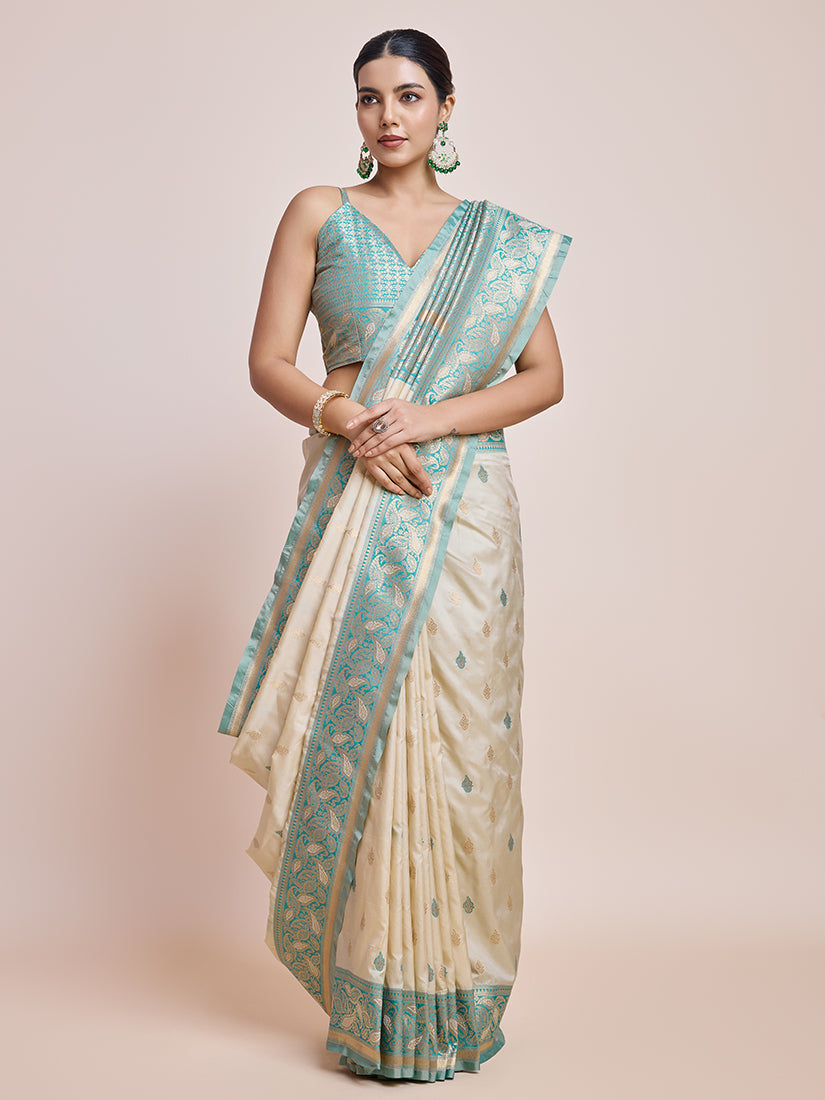 Monjolika Fashion Exquisite Designs With This Cream Banarasi Satin Silk Saree | Grocsy