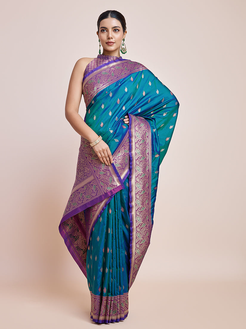 Monjolika Fashion Exquisite Designs With This Teal Banarasi Satin Silk Saree | Grocsy