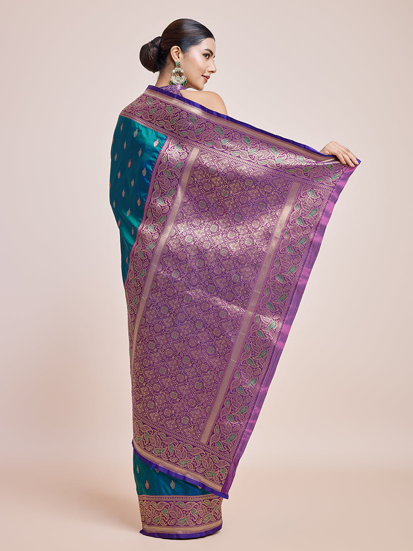 Monjolika Fashion Exquisite Designs With This Teal Banarasi Satin Silk Saree | Grocsy
