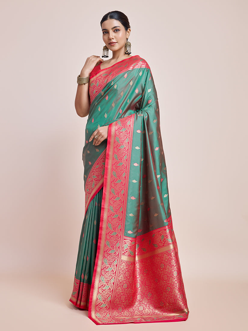 Monjolika Fashion Exquisite Designs With This Green Banarasi Satin Silk Saree | Grocsy