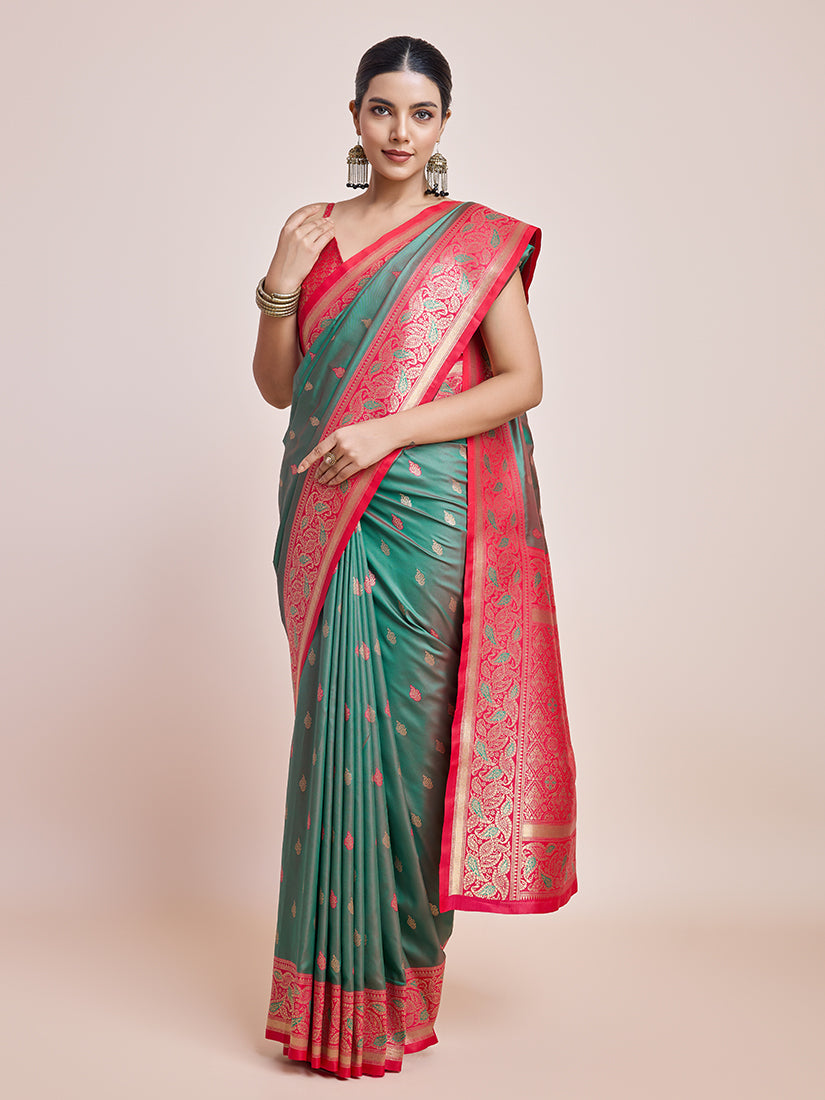 Monjolika Fashion Exquisite Designs With This Green Banarasi Satin Silk Saree | Grocsy