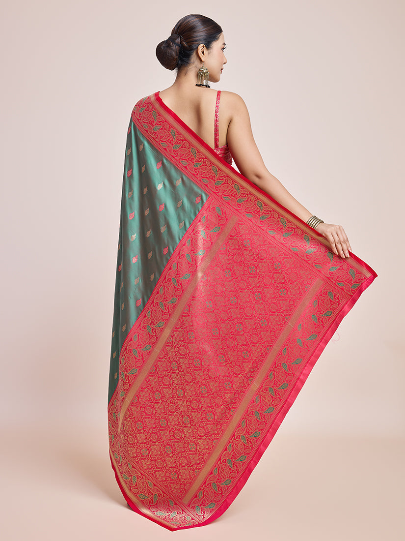 Monjolika Fashion Exquisite Designs With This Green Banarasi Satin Silk Saree | Grocsy