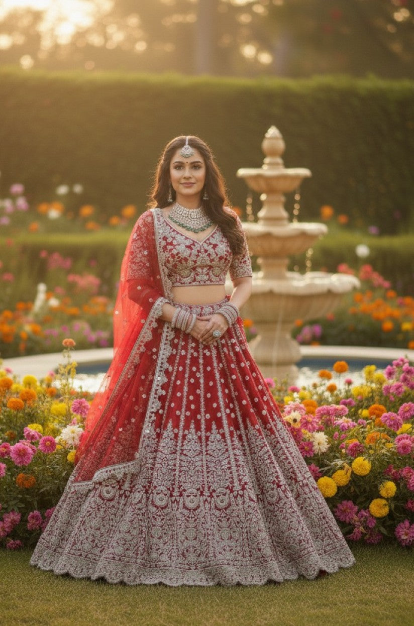 Anaita Red Net Lehenga Choli With Embroidery & Dori Sequence Work | Grocsy