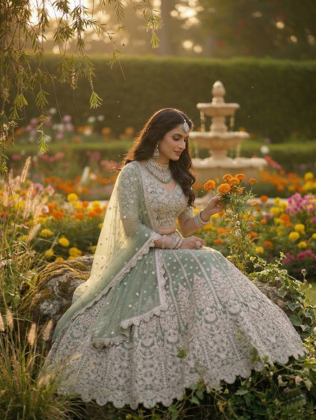 Anaita Green Net Lehenga Choli With Embroidery & Dori Sequence Work | Grocsy