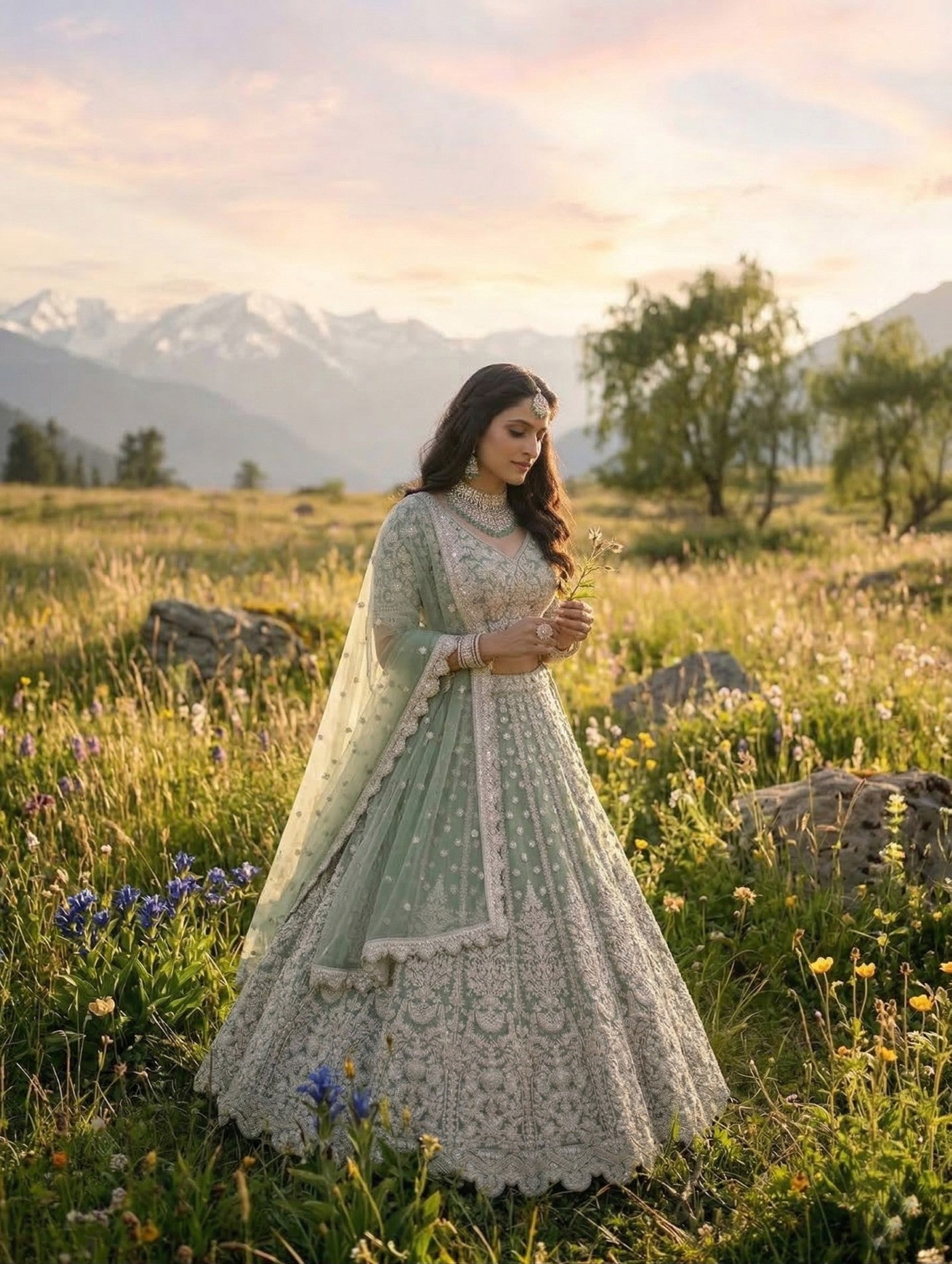 Anaita Green Net Lehenga Choli With Embroidery & Dori Sequence Work | Grocsy