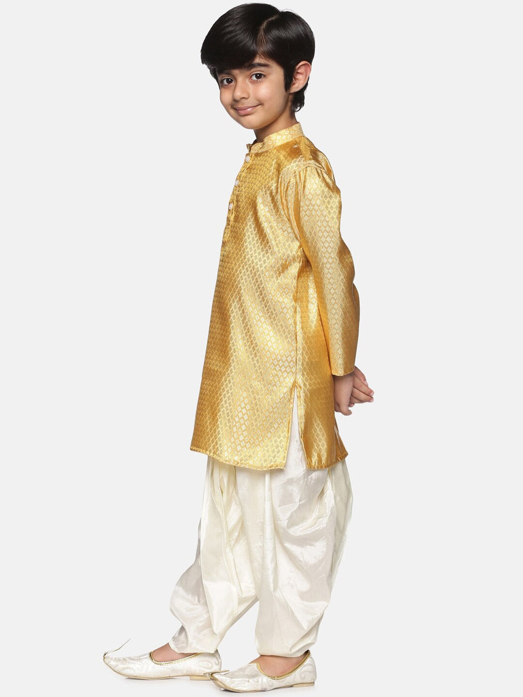 Sethukrishna Boys Gold-Toned & Off White Woven Design Kurta with Dhoti Pants | Grocsy