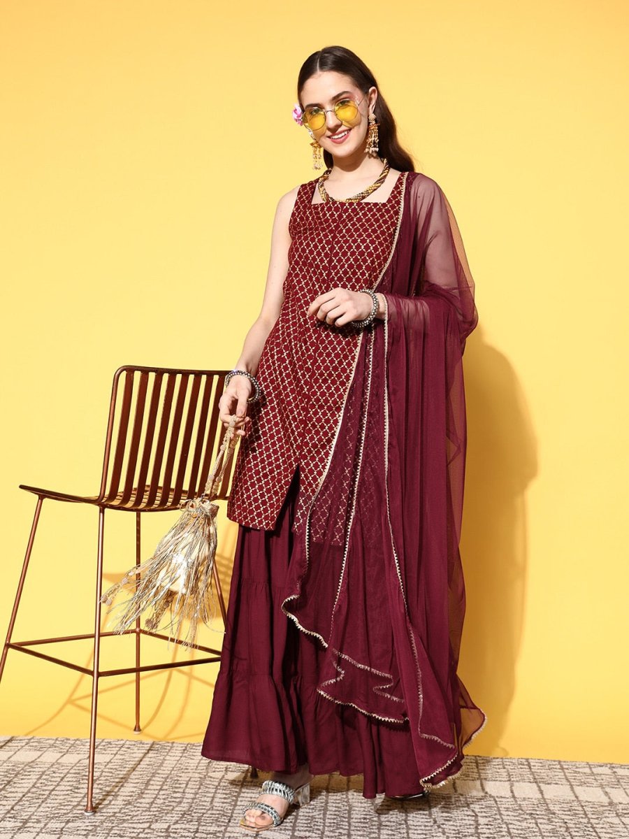 All About You Women Maroon Ethnic Motifs Printed Kurti with Fusion Bottoms & With Dupatta | Grocsy
