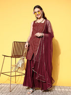 All About You Women Maroon Ethnic Motifs Printed Kurti with Fusion Bottoms & With Dupatta | Grocsy