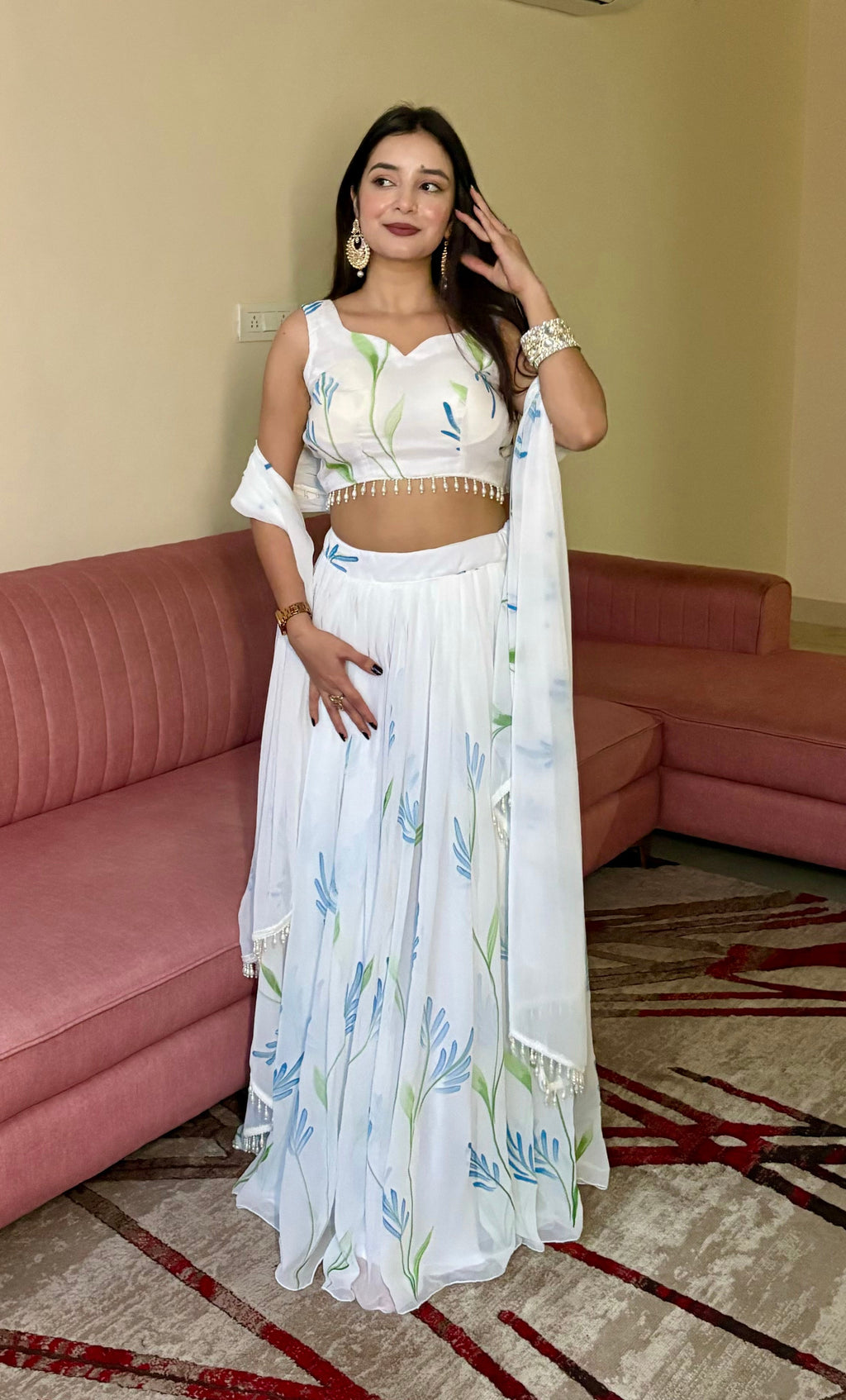 Lorenvalley Fashion White Georgette with Hand-painted Floral Design Lehenga Choli with Dupatta | Grocsy