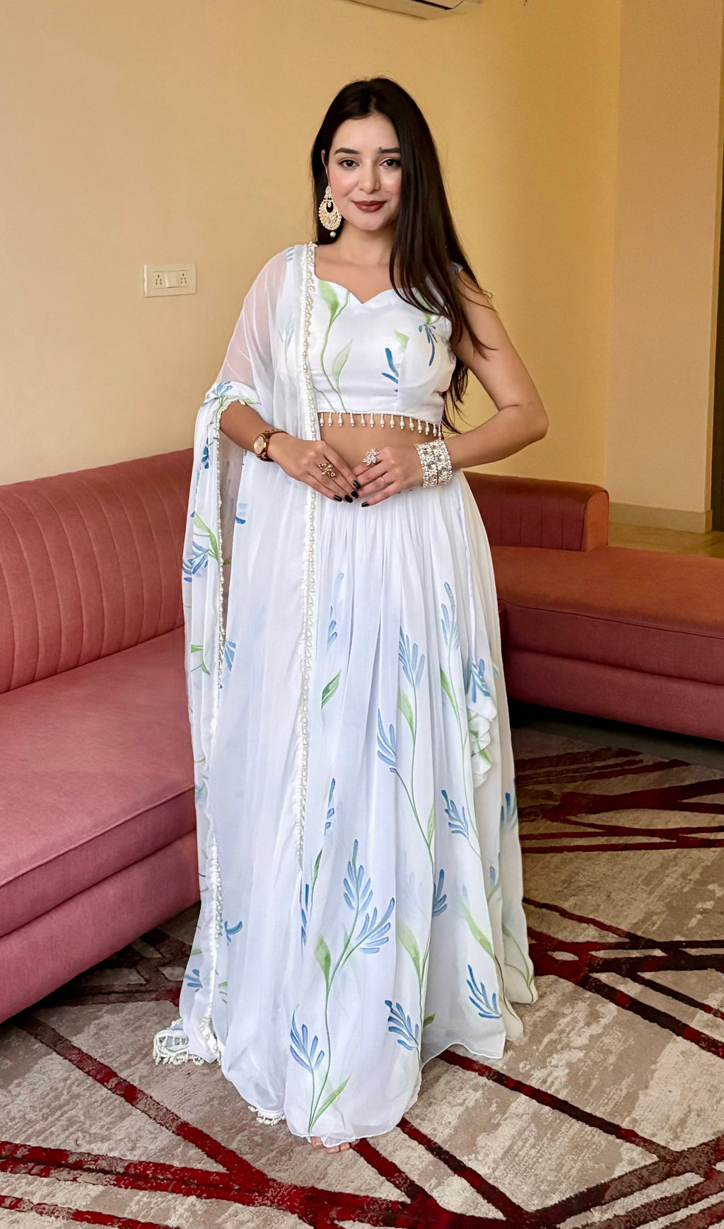 Lorenvalley Fashion White Georgette with Hand-painted Floral Design Lehenga Choli with Dupatta | Grocsy