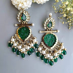 Tehzeeb Creations Latest Gold Polish Kundan & Pearl Studded Designer Drop Long Earrings For Women And Girls Green | Grocsy