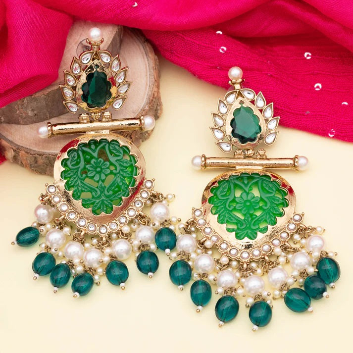 Tehzeeb Creations Latest Gold Polish Kundan & Pearl Studded Designer Drop Long Earrings For Women And Girls Green | Grocsy