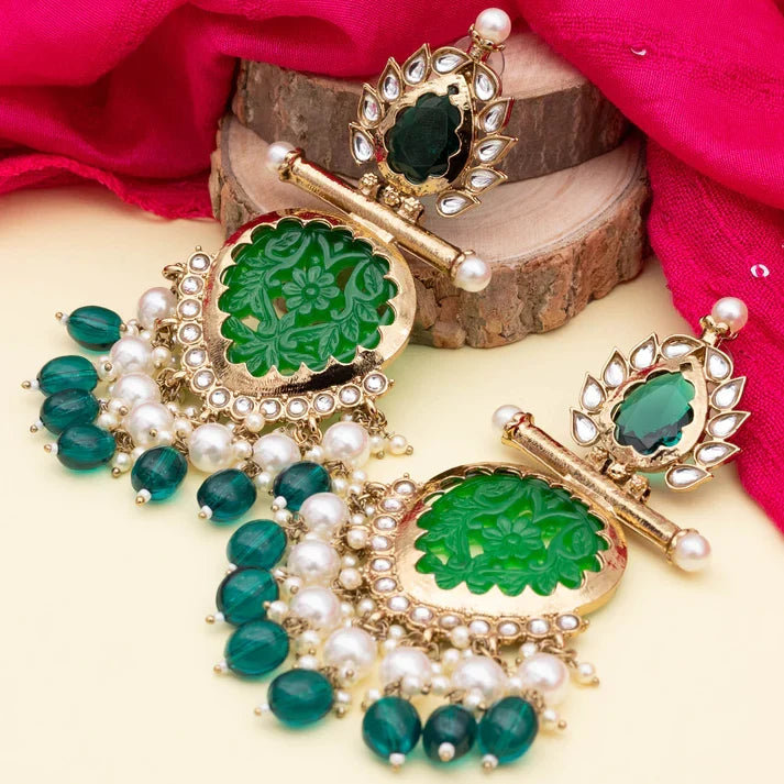 Tehzeeb Creations Latest Gold Polish Kundan & Pearl Studded Designer Drop Long Earrings For Women And Girls Green | Grocsy