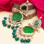 Tehzeeb Creations Latest Gold Polish Kundan & Pearl Studded Designer Drop Long Earrings For Women And Girls Green | Grocsy