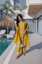 Teeya Creation Womens New Yellow Silk With Rich Zari Coding Embroidered Work Kurta Pant Set | Grocsy