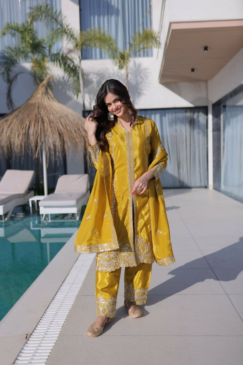 Teeya Creation Womens New Yellow Silk With Rich Zari Coding Embroidered Work Kurta Pant Set | Grocsy