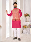 Anaita Peach Cotton Straight Kurta Pajama & Koti With Jequard Work | Grocsy